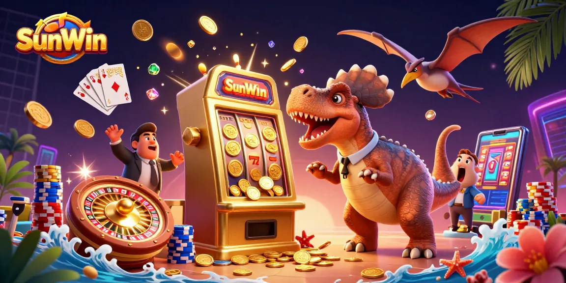 Experience thrilling gameplay at SunWin with a pachycephalosaurus winning jackpots while a casino manager oversees the excitement.