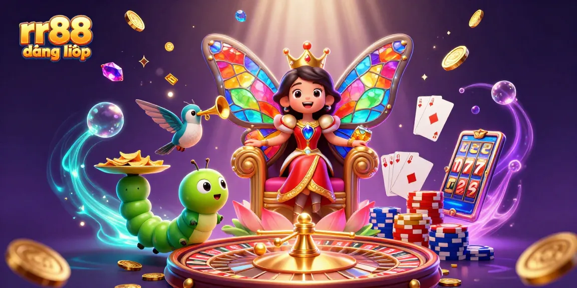 Experience rr88 đăng nhập with vibrant casino fun and colorful characters in a magical scene.